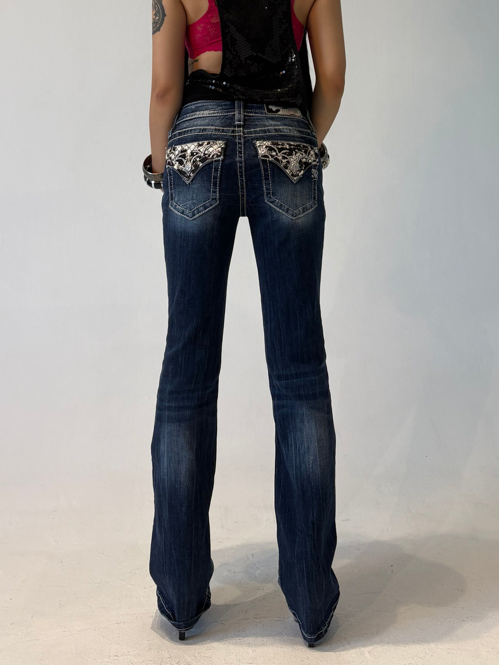 MISS ME Cow White stitching Low-rise Flare Pants