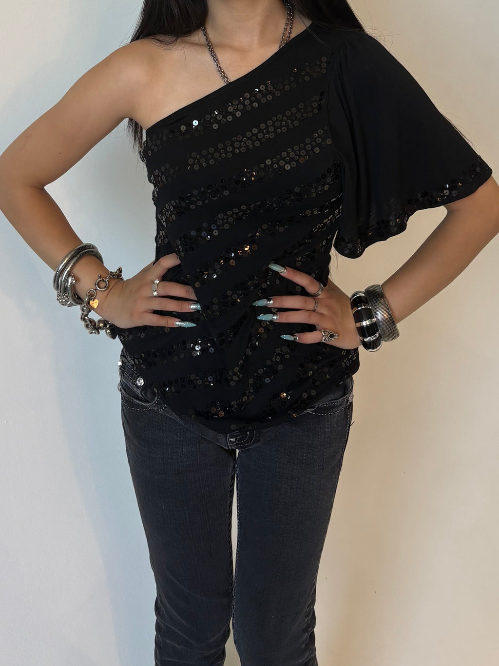 BEBE Obsidian One-Shoulder Sequin Top