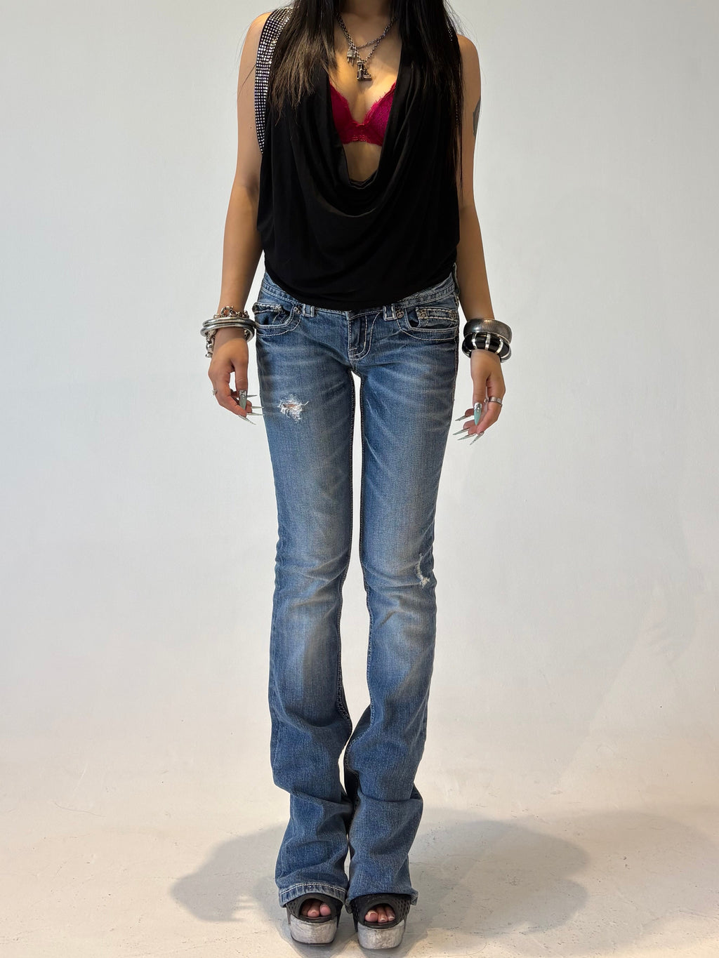 MISS ME Black Crystal Low-rise Bootcut Pants