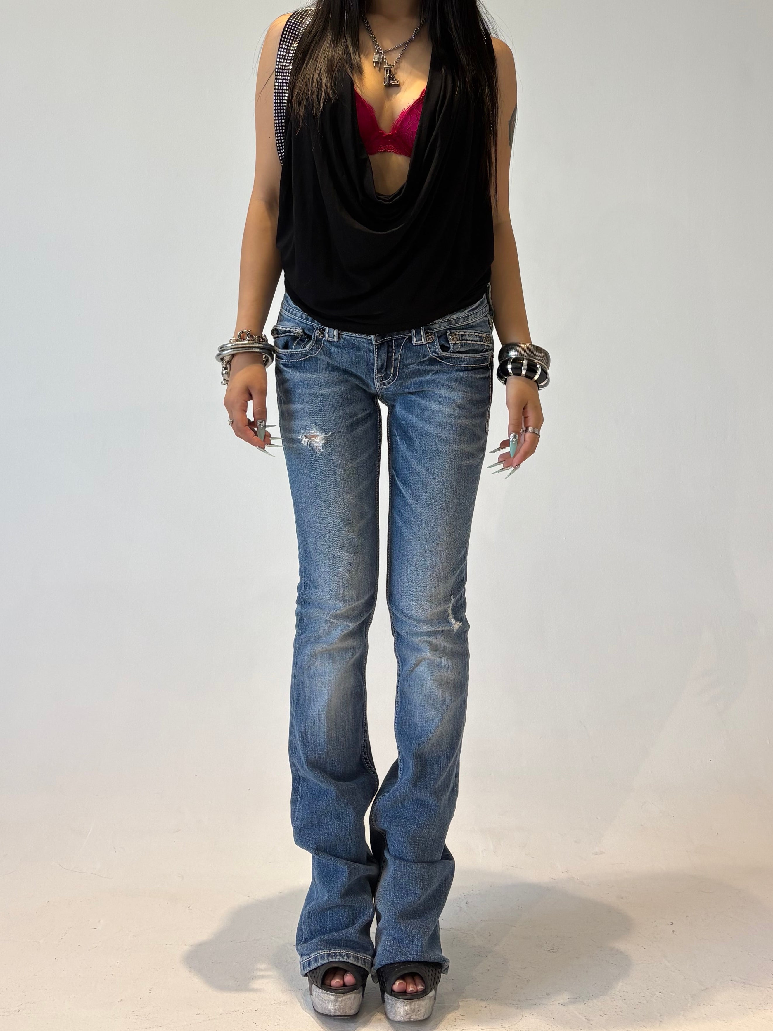 MISS ME Black Crystal Low-rise Bootcut Pants