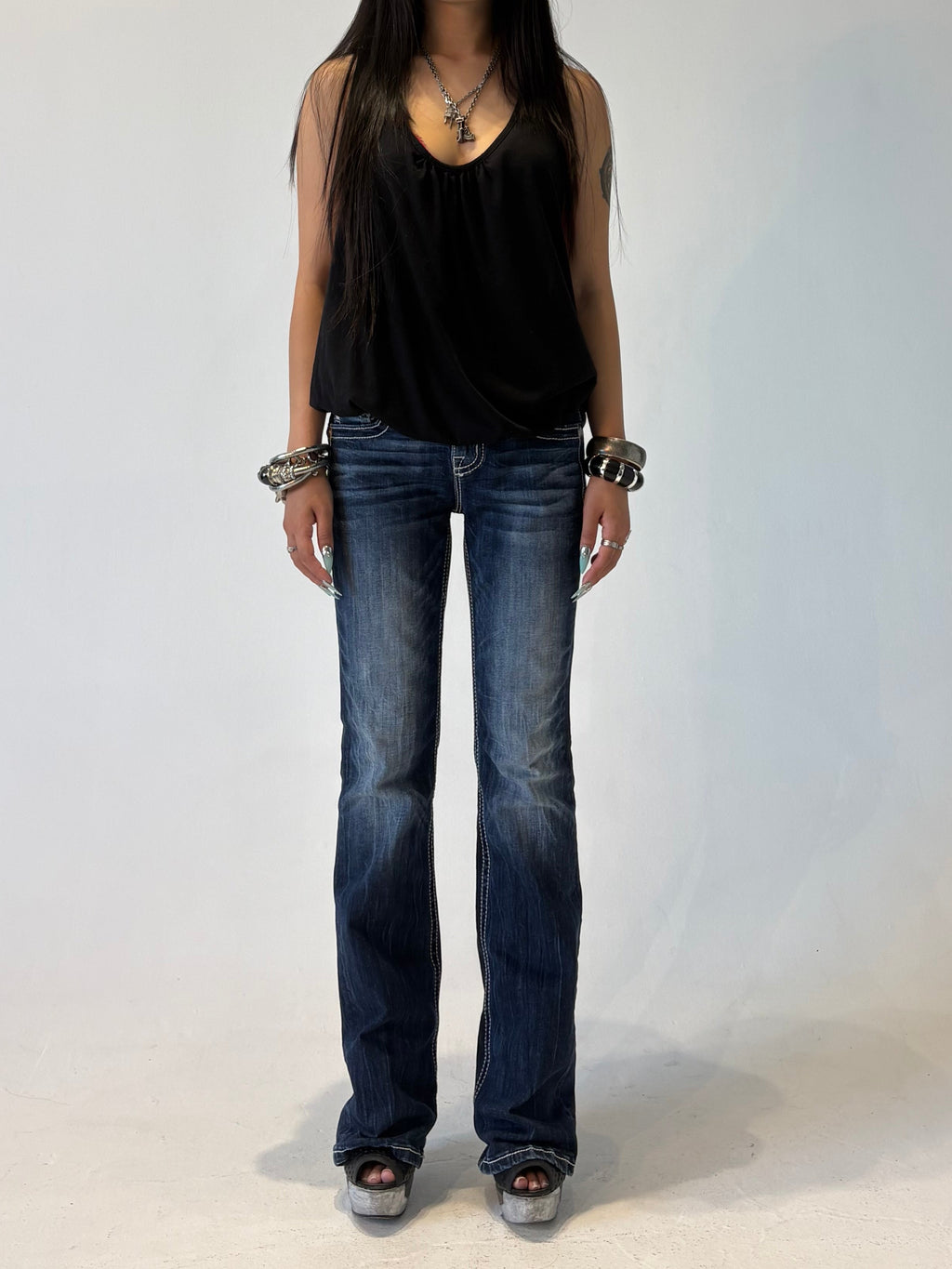 MISS ME Cow White stitching Low-rise Flare Pants