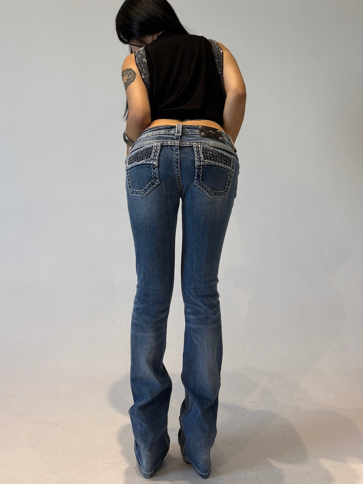 MISS ME Black Crystal Low-rise Bootcut Pants