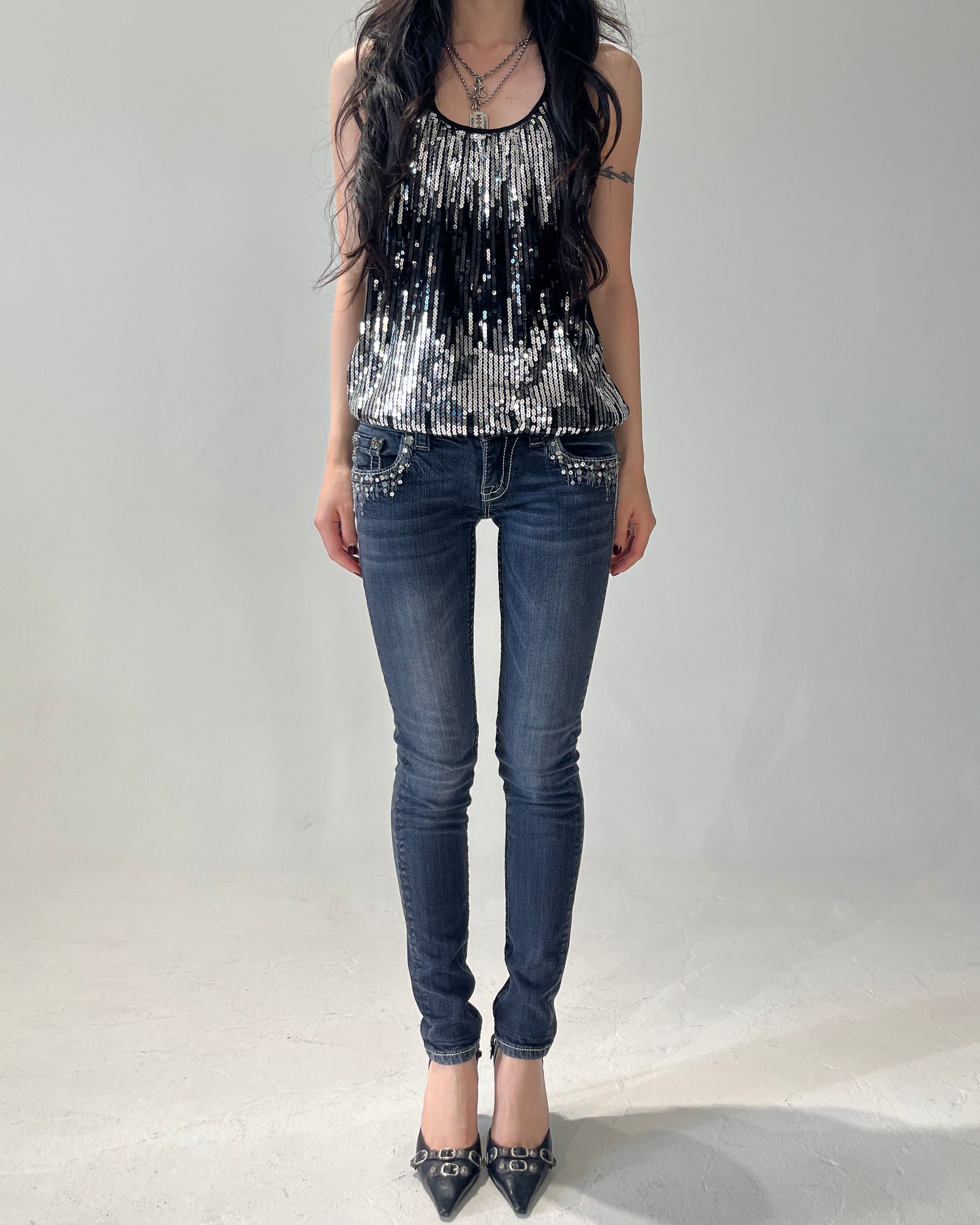 MISS ME Starlight Sequin Low-rise Skinny Pants