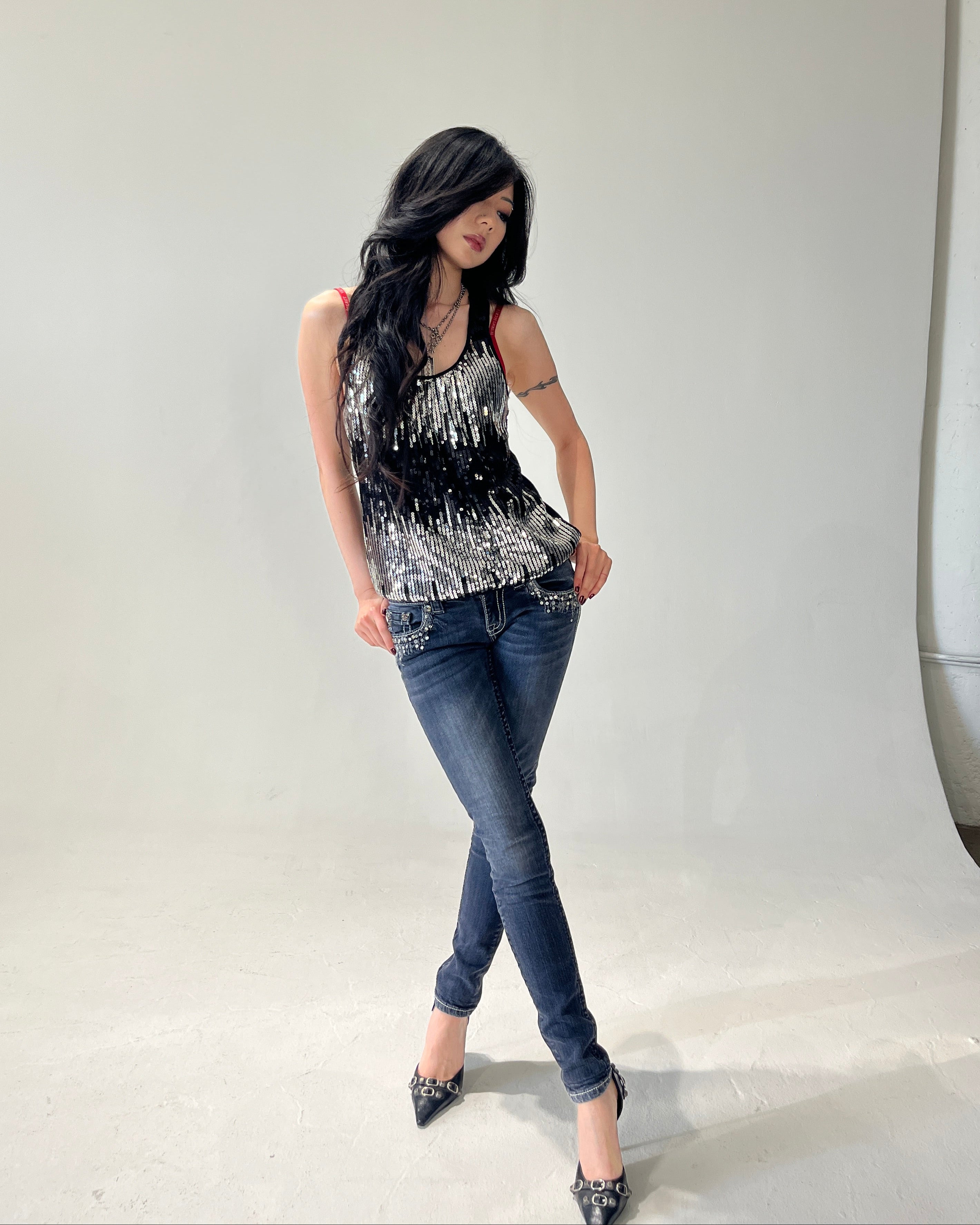 MISS ME Starlight Sequin Low-rise Skinny Pants