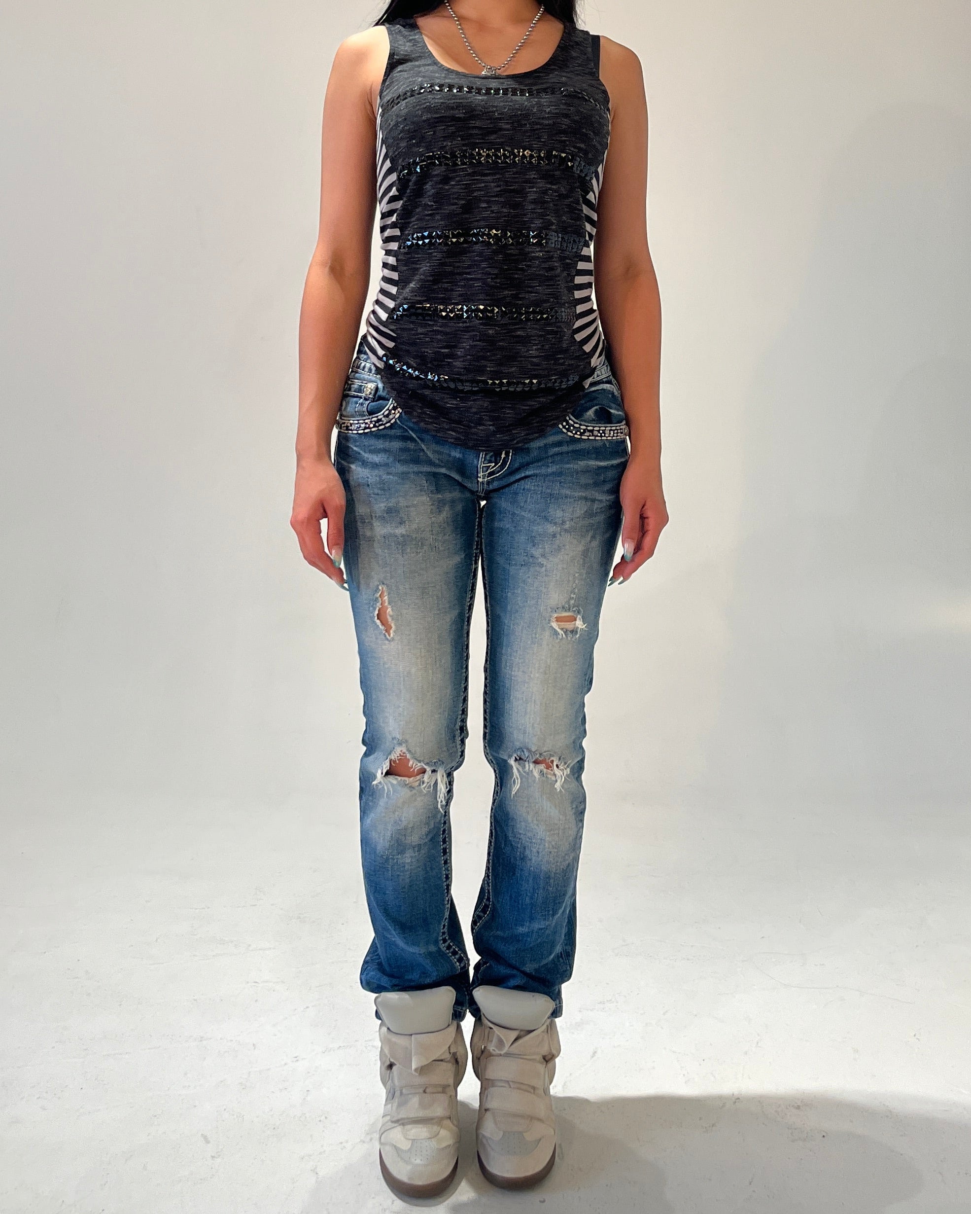 MISS ME White Stones Damaged Low-rise Straight Pants