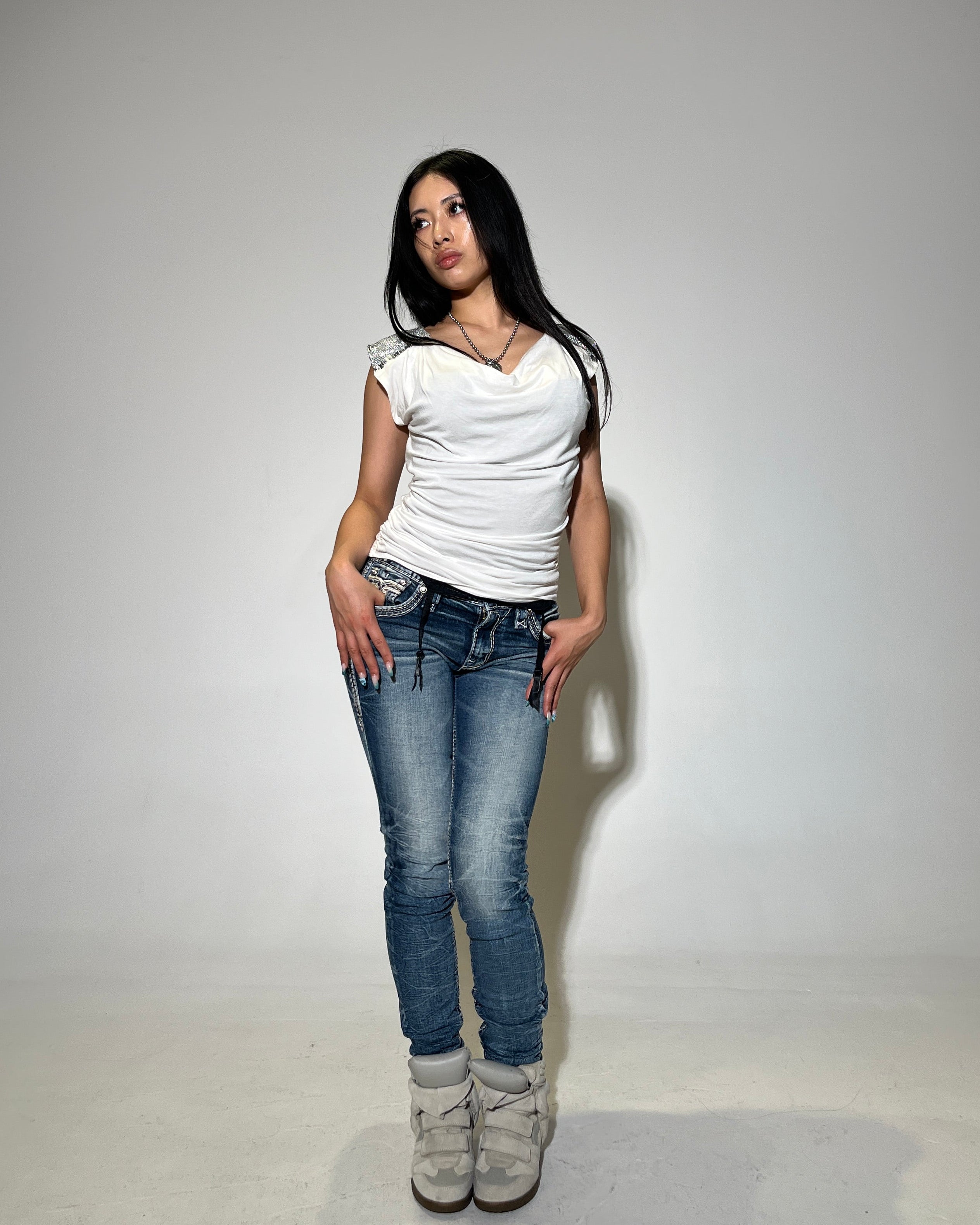 BEBE Silver Muse Ruched Cowl Neck Top