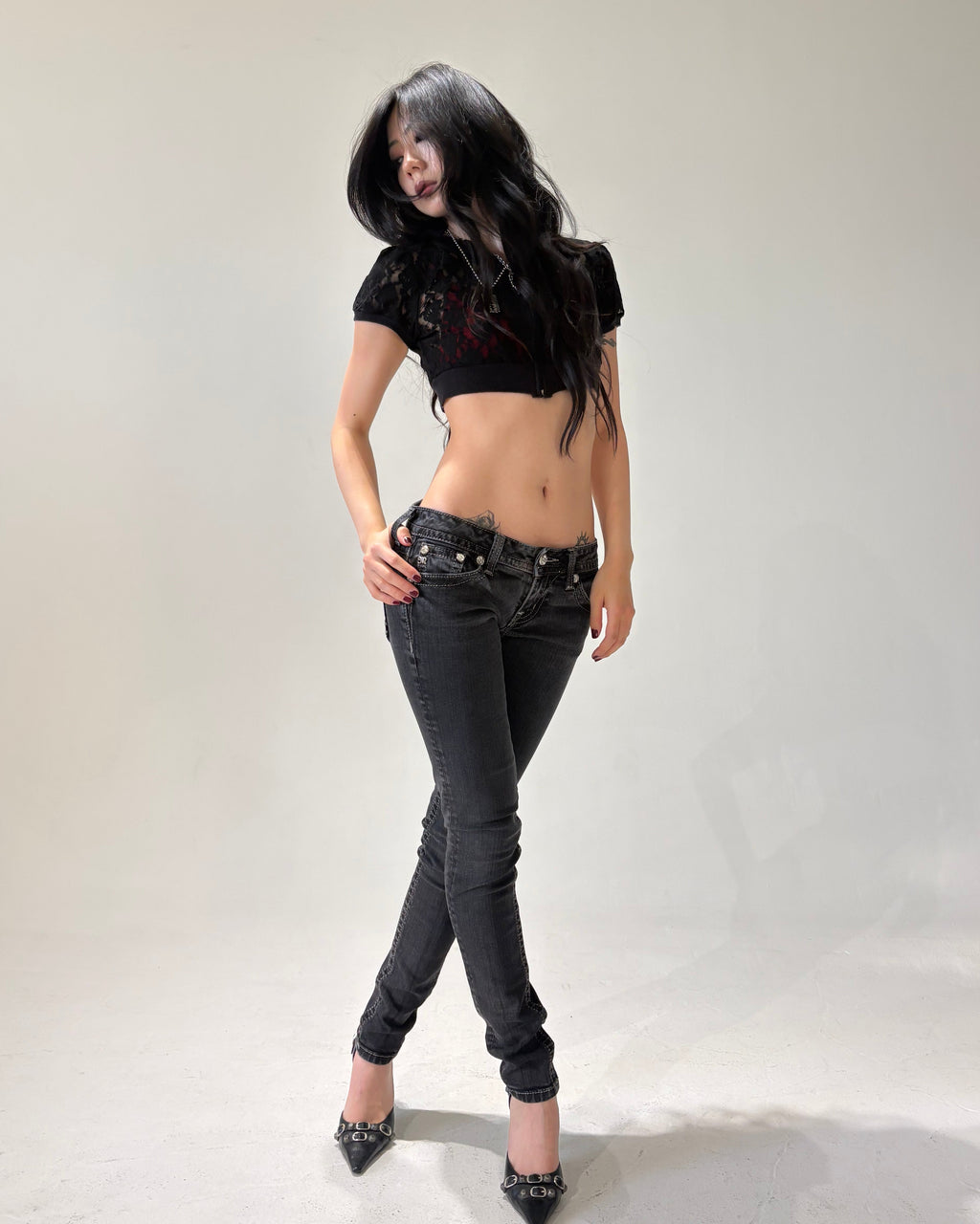 MISS ME Embellished Black Low-rise Skinny Jeans