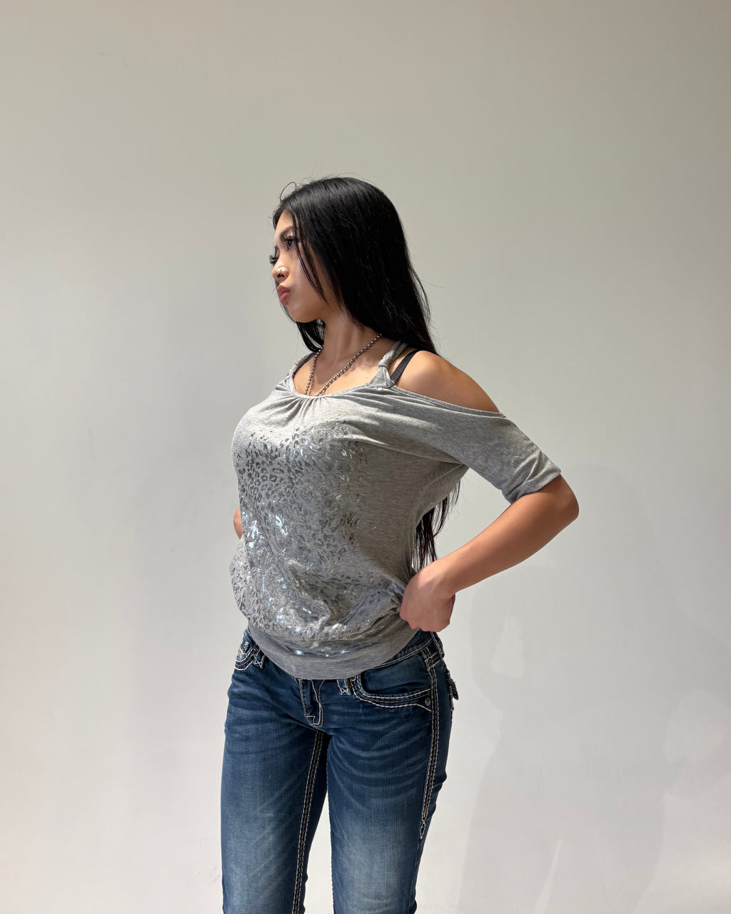 GUESS Metallic Leopard Off Shoulder Tops