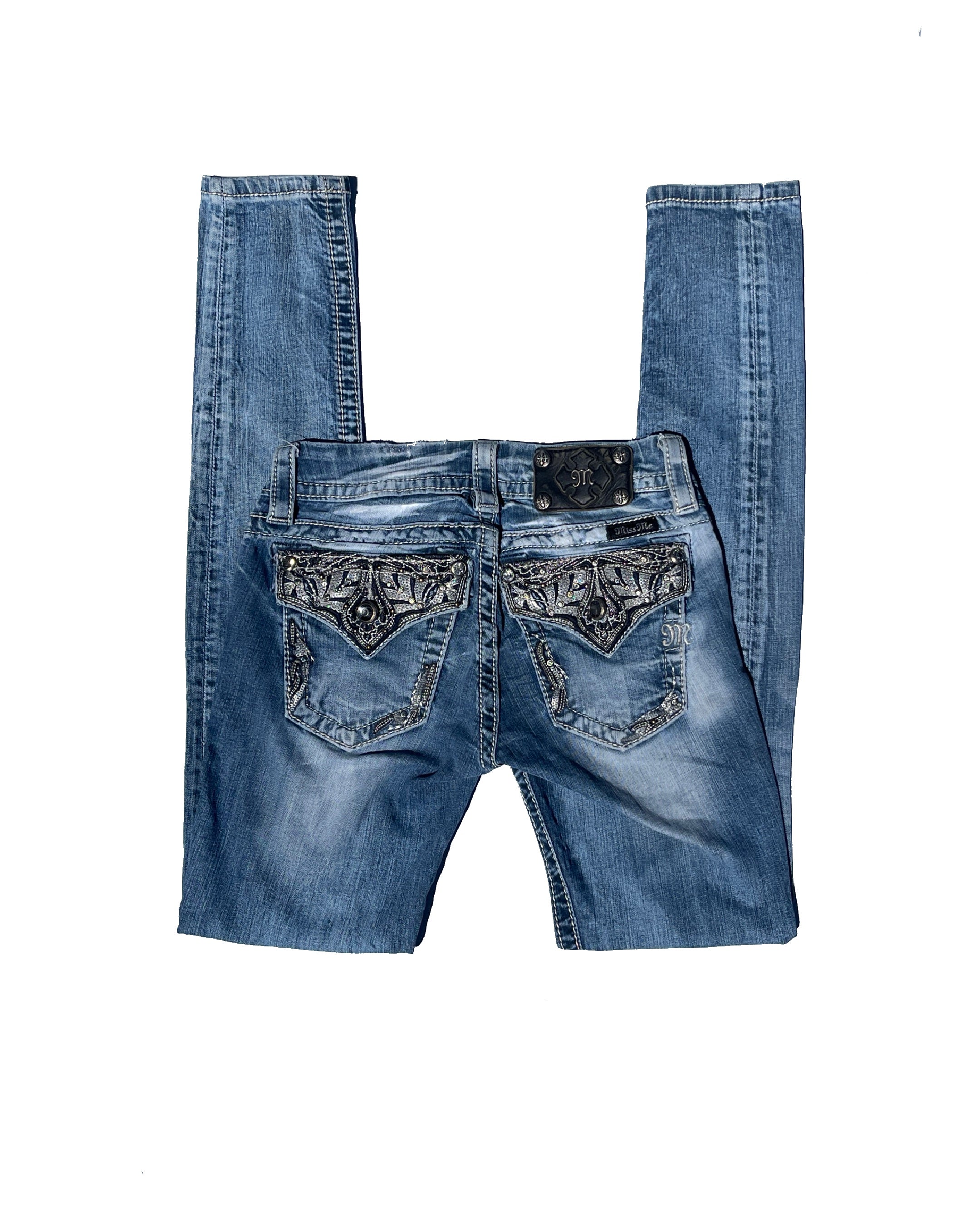 MISS ME Crystal Filigree Vintage Low-rise Skinny Pants