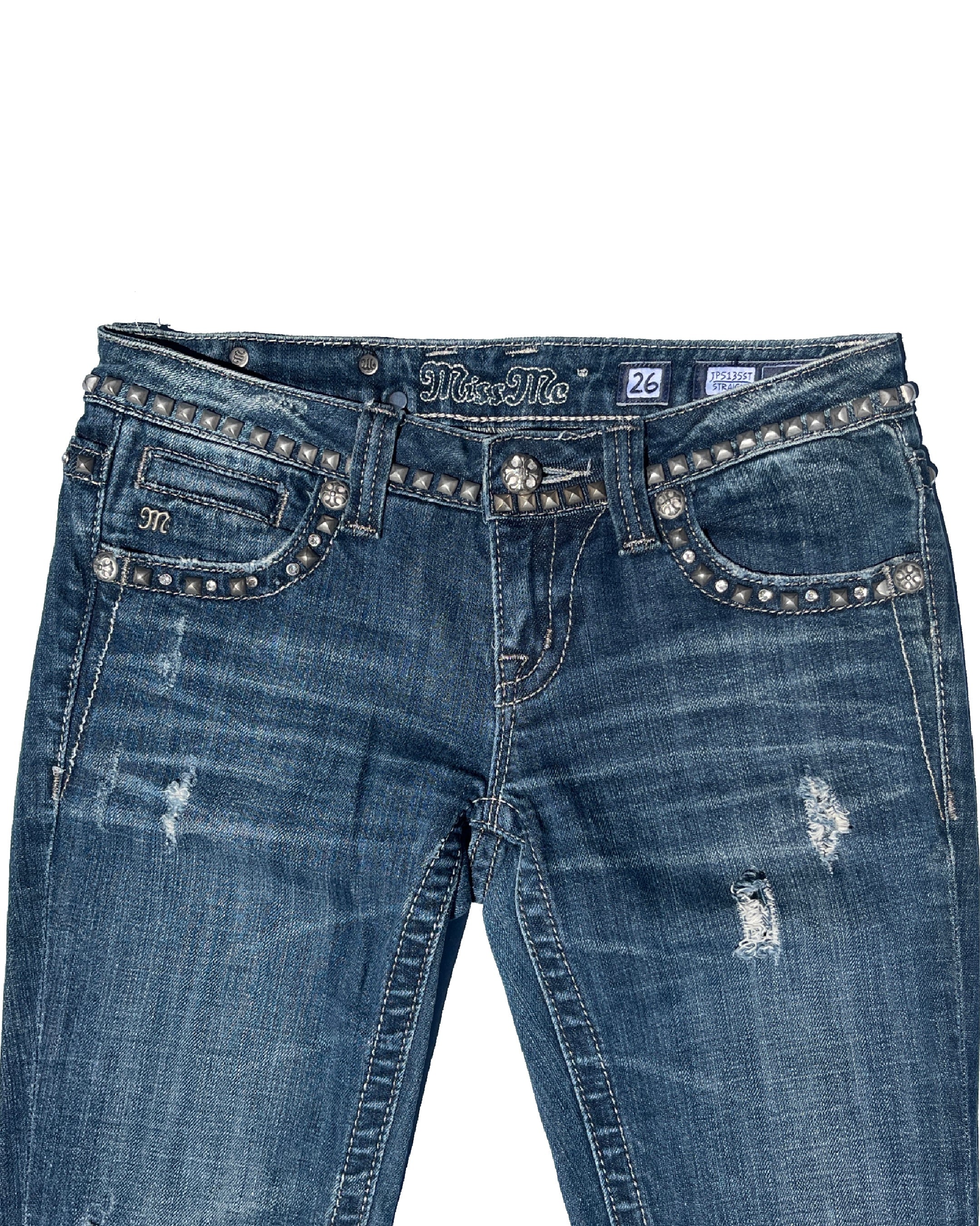 MISS ME Rebel Studs Damaged Low-rise Straight Pants
