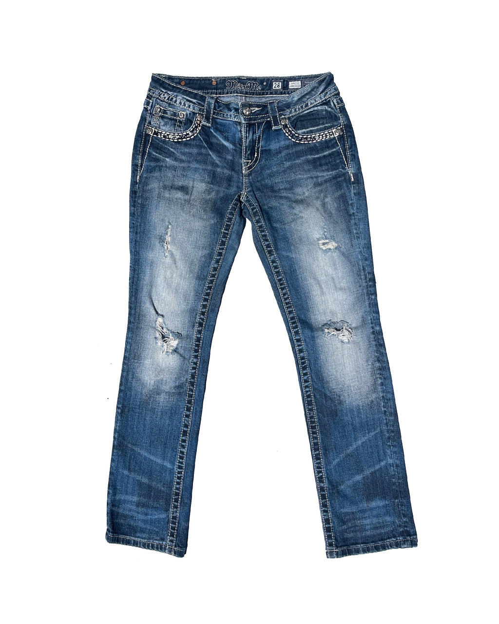 MISS ME White Stones Damaged Low-rise Straight Pants
