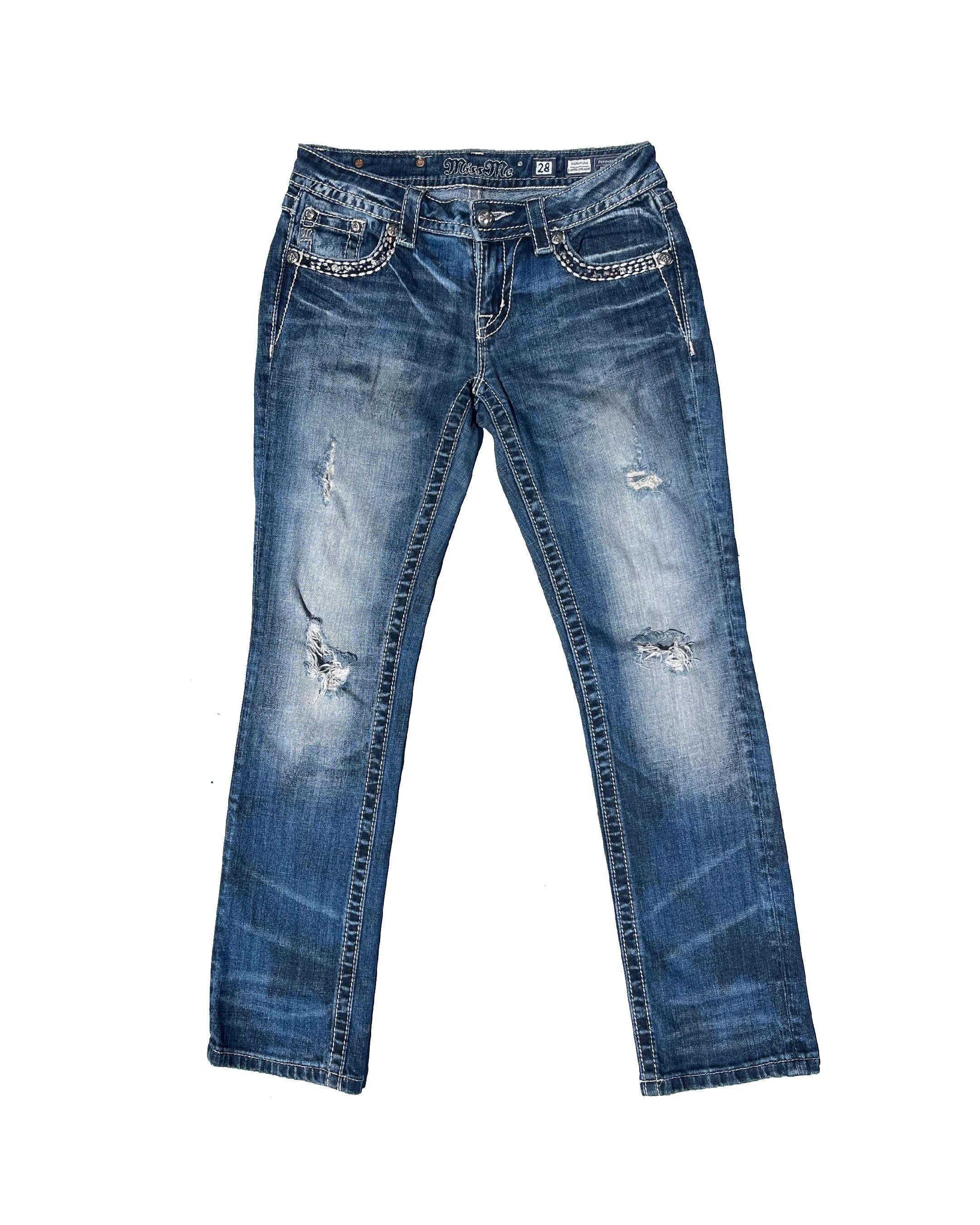 MISS ME White Stones Damaged Low-rise Straight Pants