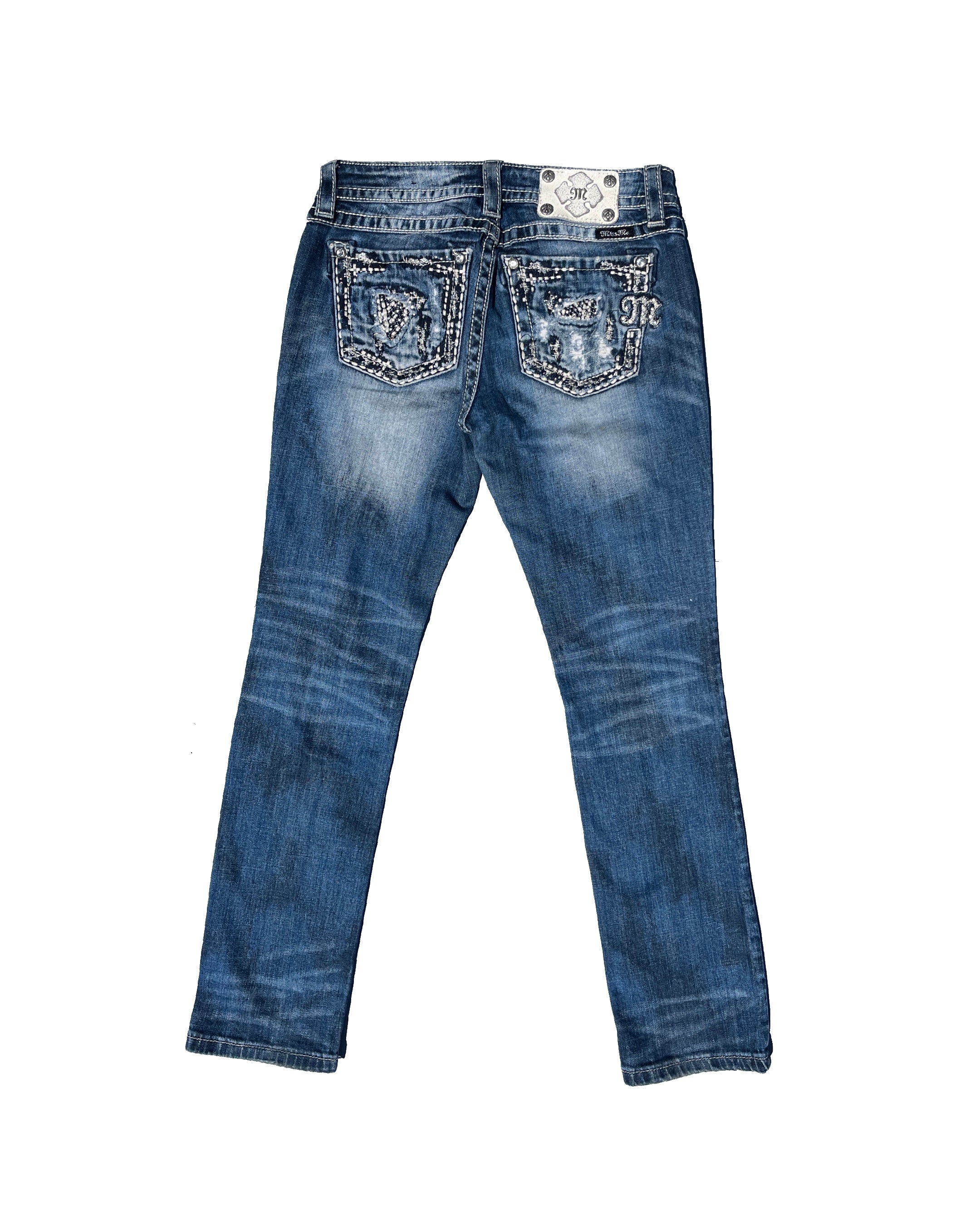 MISS ME White Stones Damaged Low-rise Straight Pants