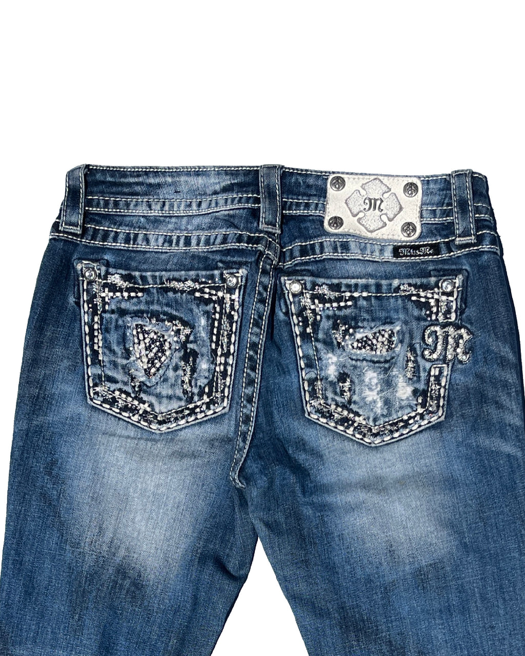 MISS ME White Stones Damaged Low-rise Straight Pants
