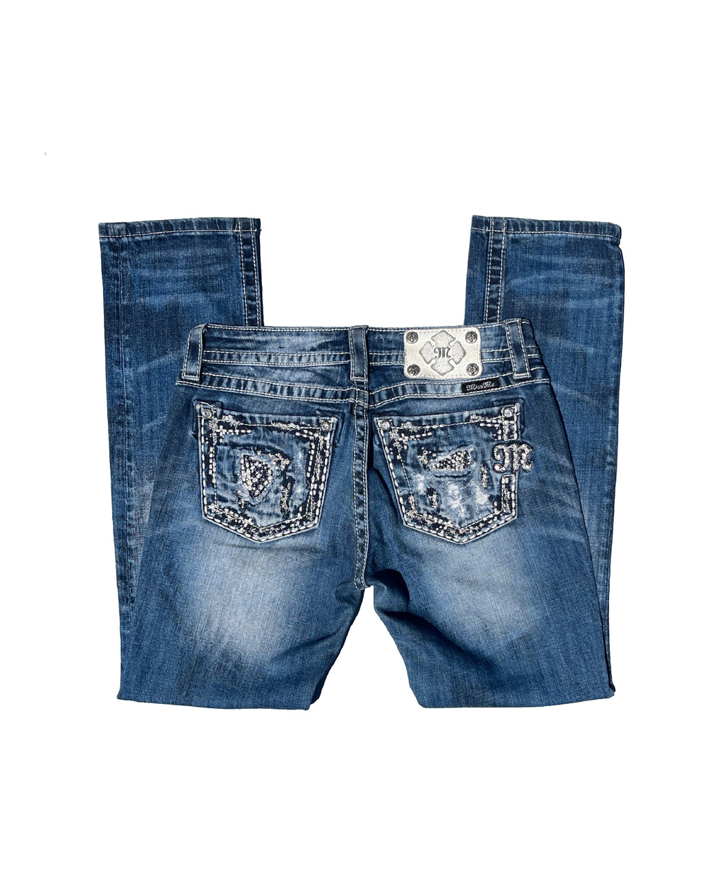 MISS ME White Stones Damaged Low-rise Straight Pants