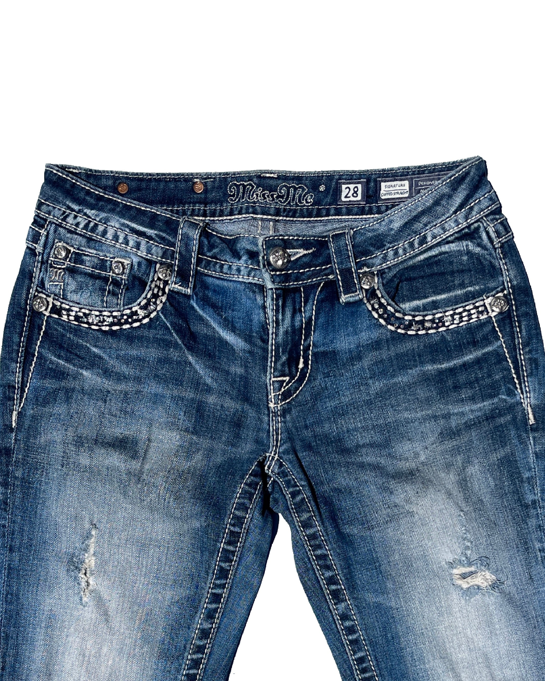 MISS ME White Stones Damaged Low-rise Straight Pants