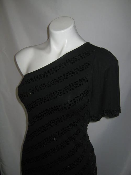 BEBE Obsidian One-Shoulder Sequin Top