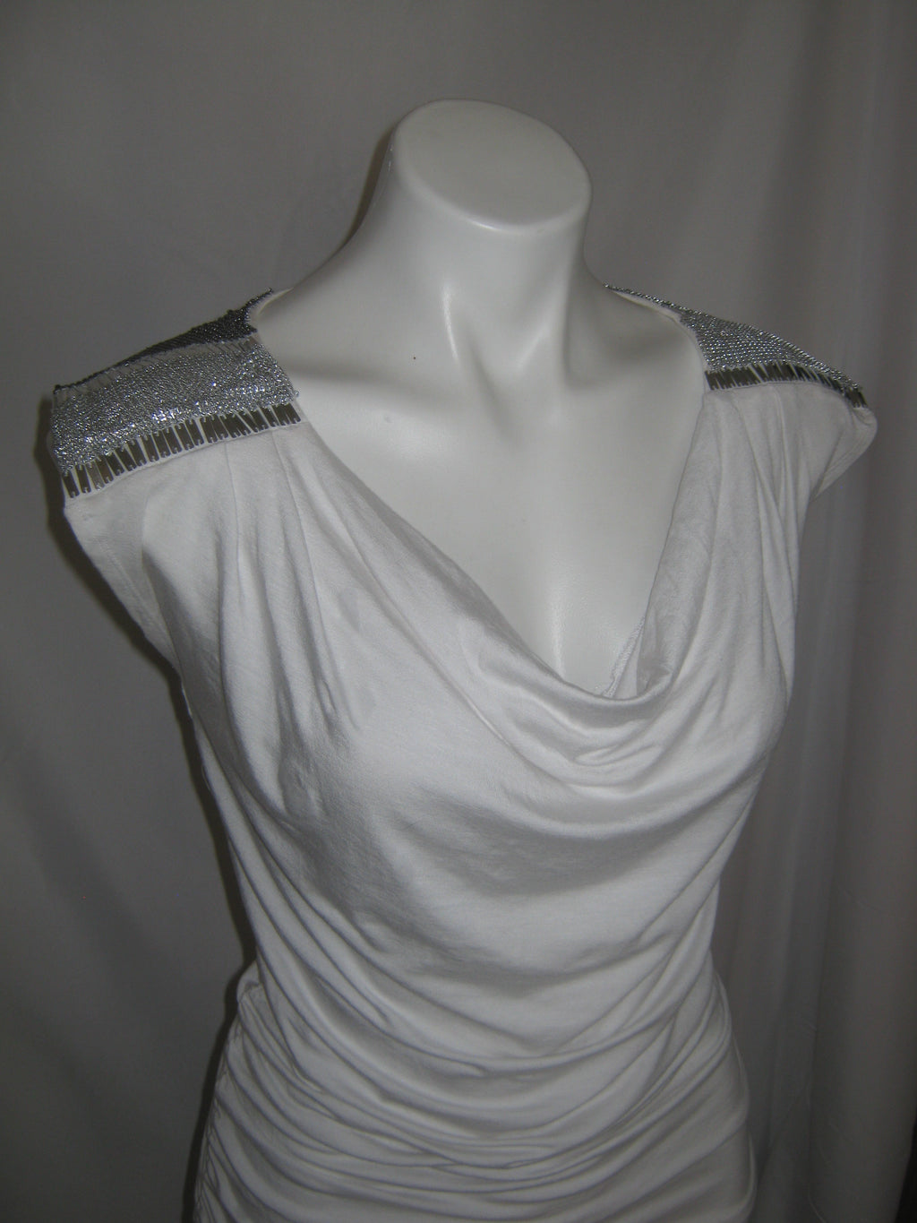BEBE Silver Muse Ruched Cowl Neck Top