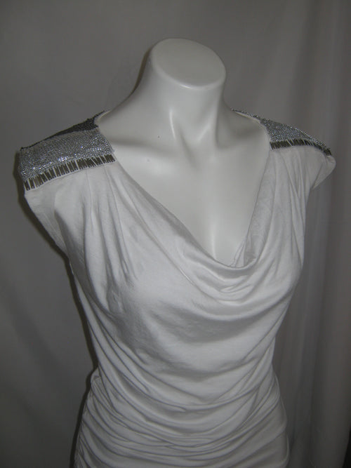 BEBE Silver Muse Ruched Cowl Neck Top
