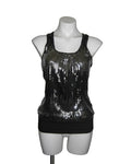 A sleeveless black sequined tank top displayed on a white mannequin torso against a plain white background.