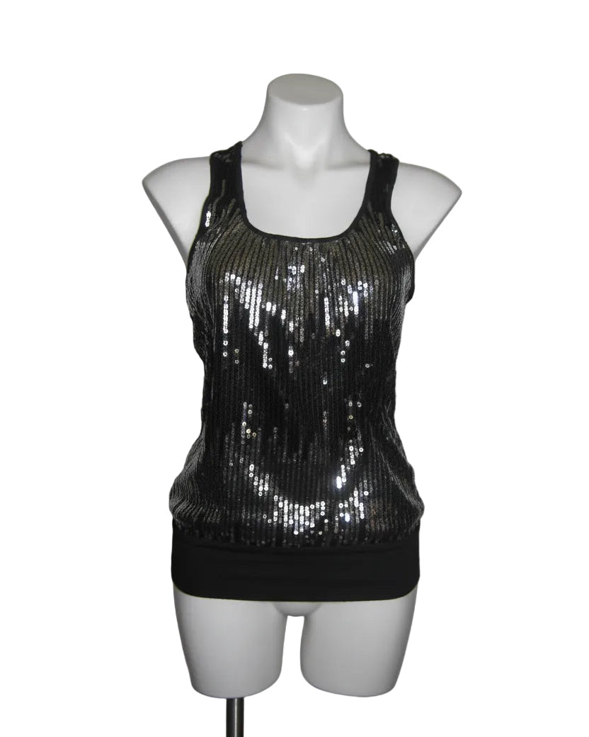 A sleeveless black sequined tank top displayed on a white mannequin torso against a plain white background.