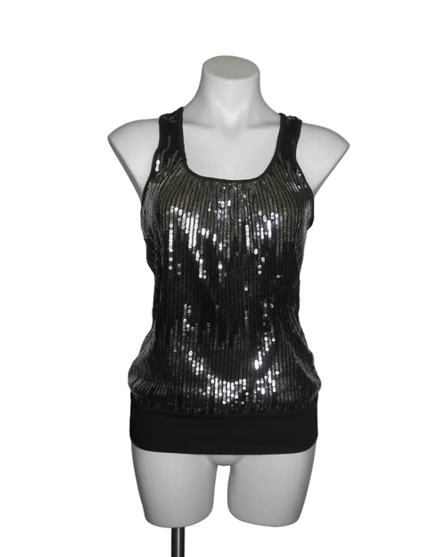 A sleeveless black sequined tank top displayed on a white mannequin torso against a plain white background.