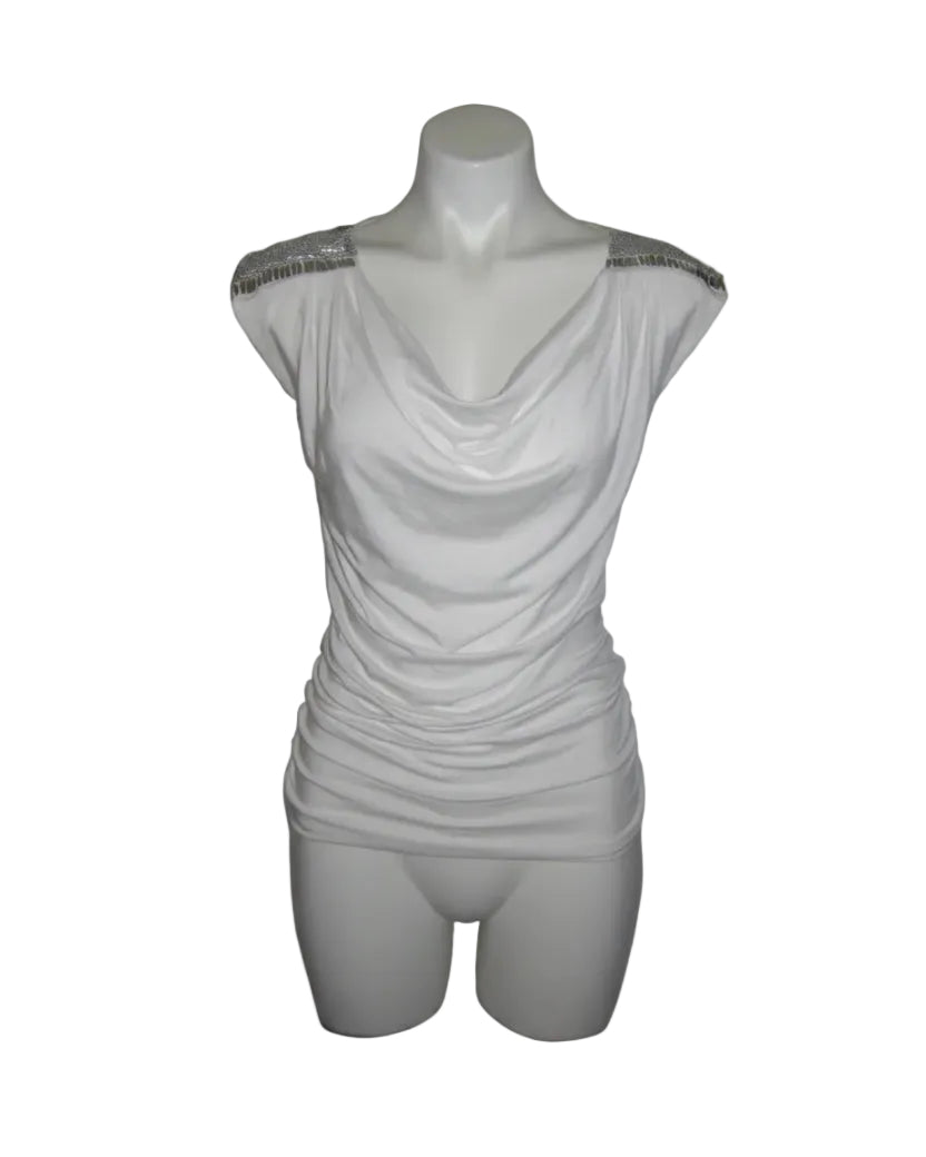 BEBE Silver Muse Ruched Cowl Neck Top