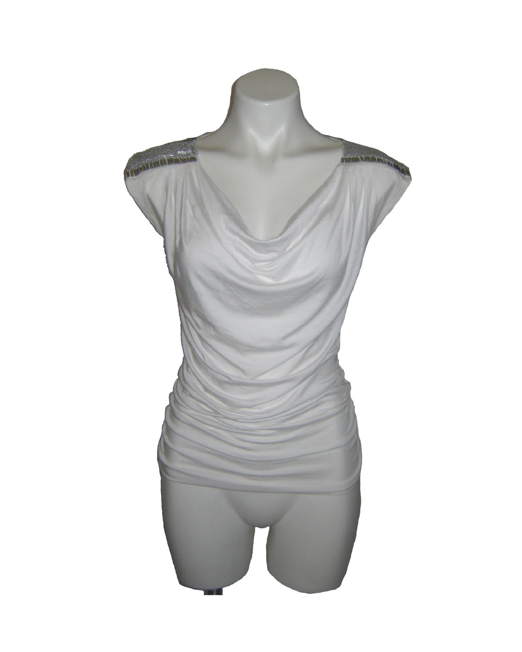 BEBE Silver Muse Ruched Cowl Neck Top