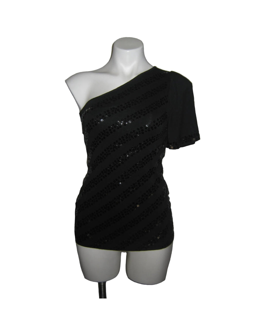 BEBE Obsidian One-Shoulder Sequin Top