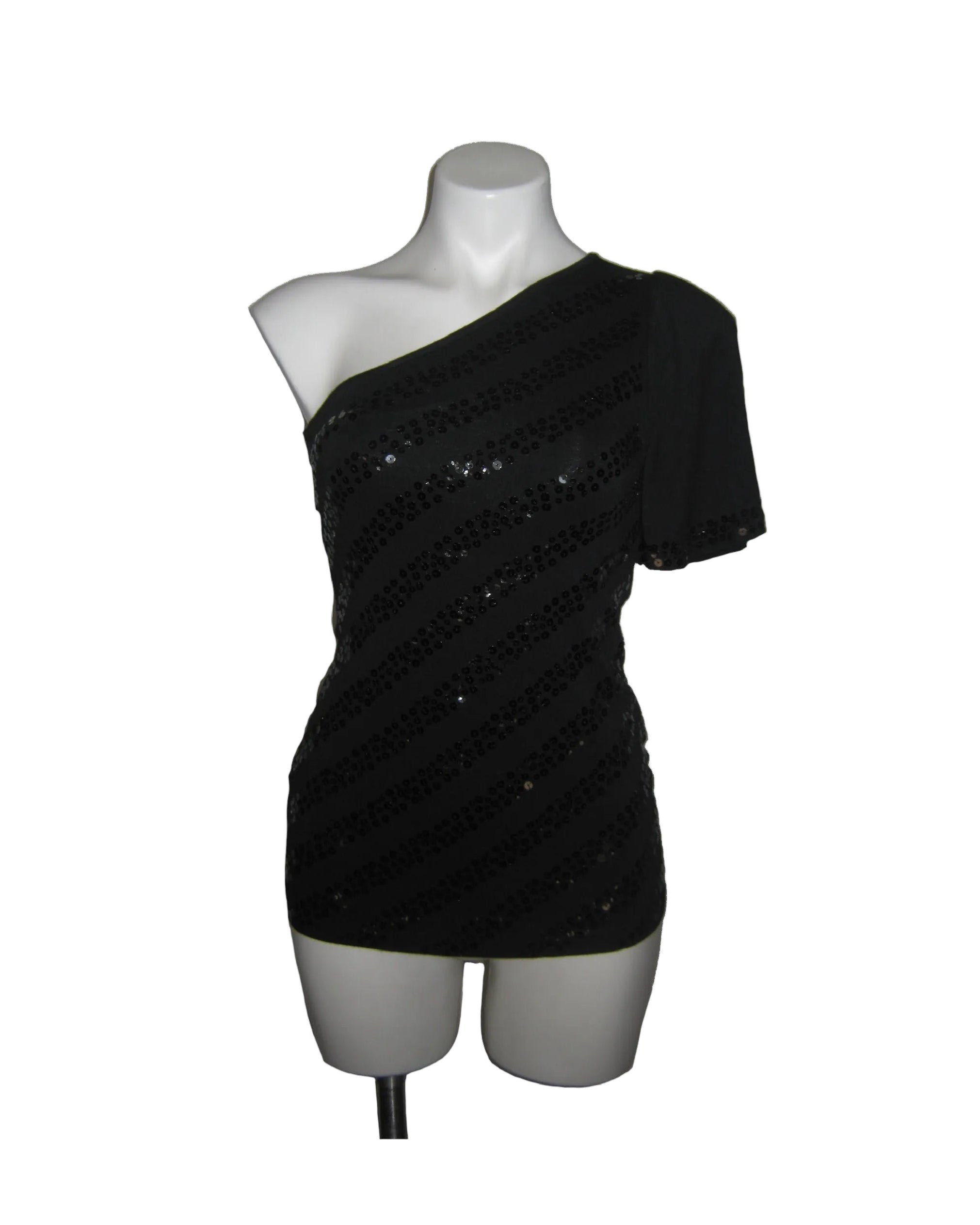 BEBE Obsidian One-Shoulder Sequin Top