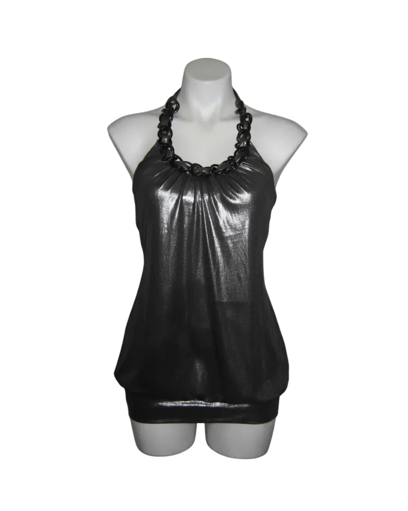 BEBE Metallic Chain Halter Tube Top